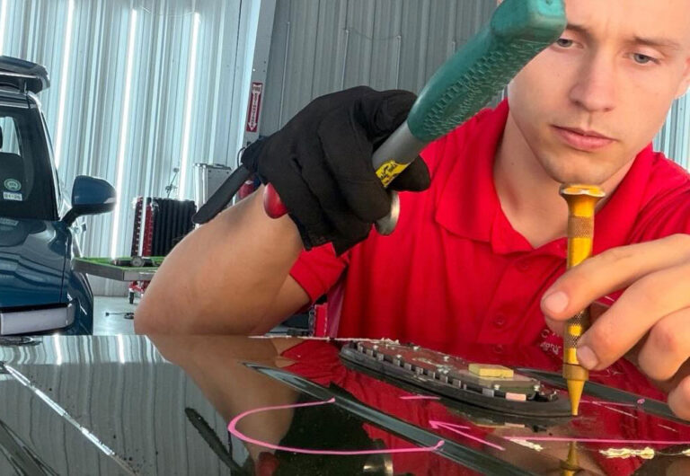 Professional PDR technician working on a car in Houston; DIY dent repair kit vs professional tools; Comparison of hail damage repair.