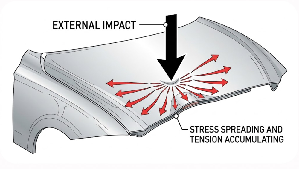 Diagram showing external impact force creating horizontal stress and tension in automotive sheet metal.